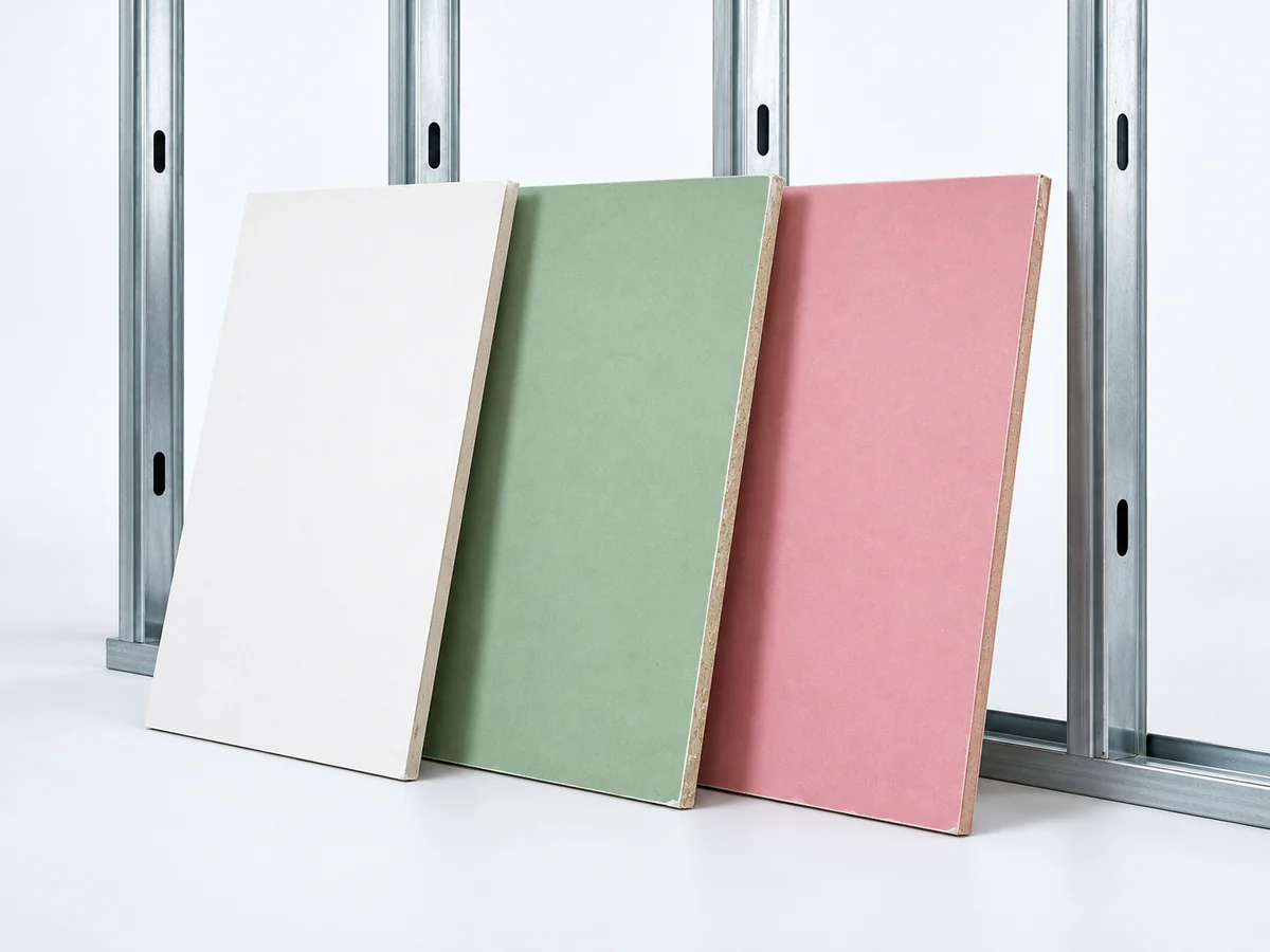 Placas de drywall branca, verde e rosa para diferentes aplicações