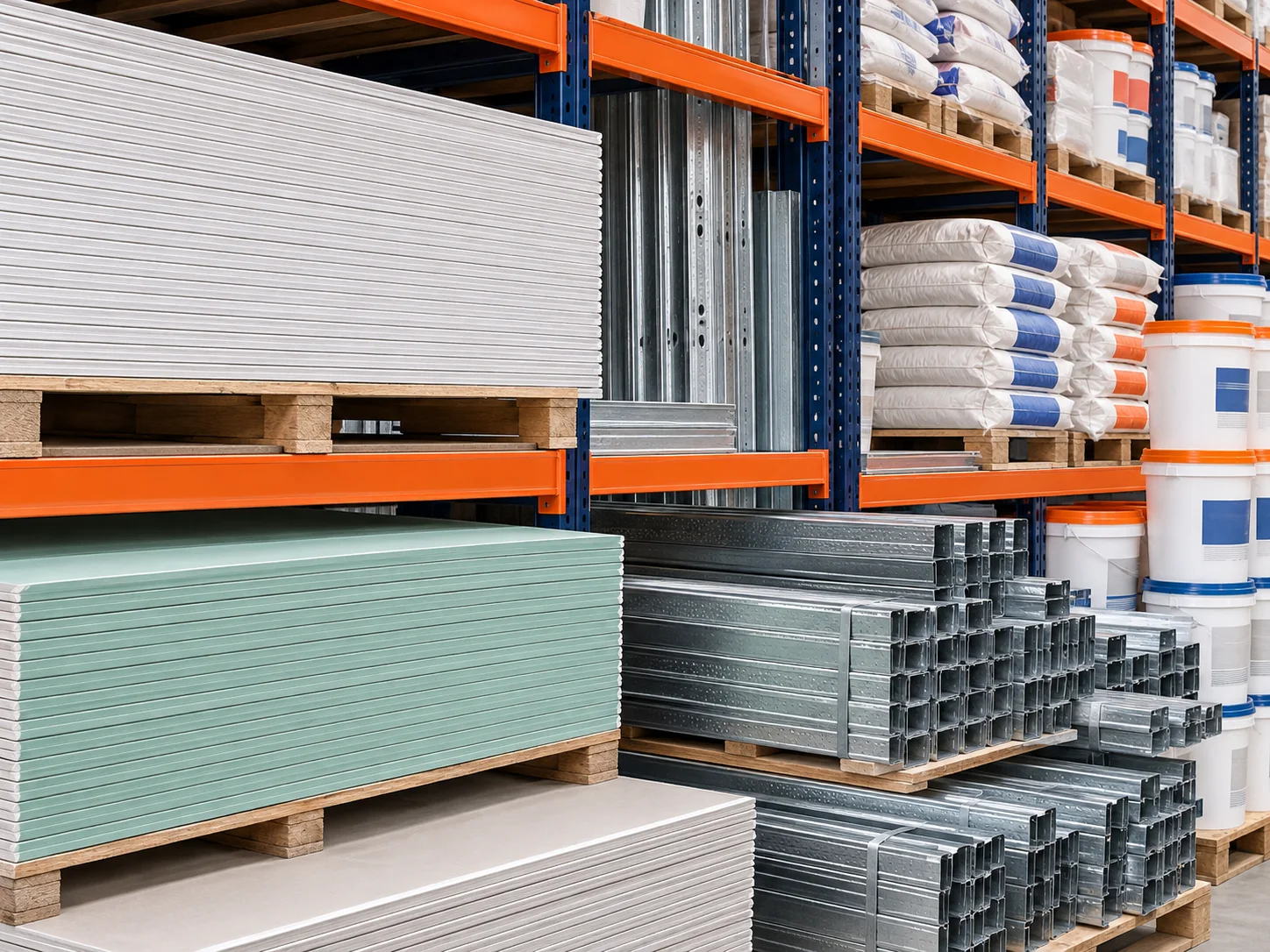 Placas de drywall, perfis metálicos, massas e componentes para construção a seco