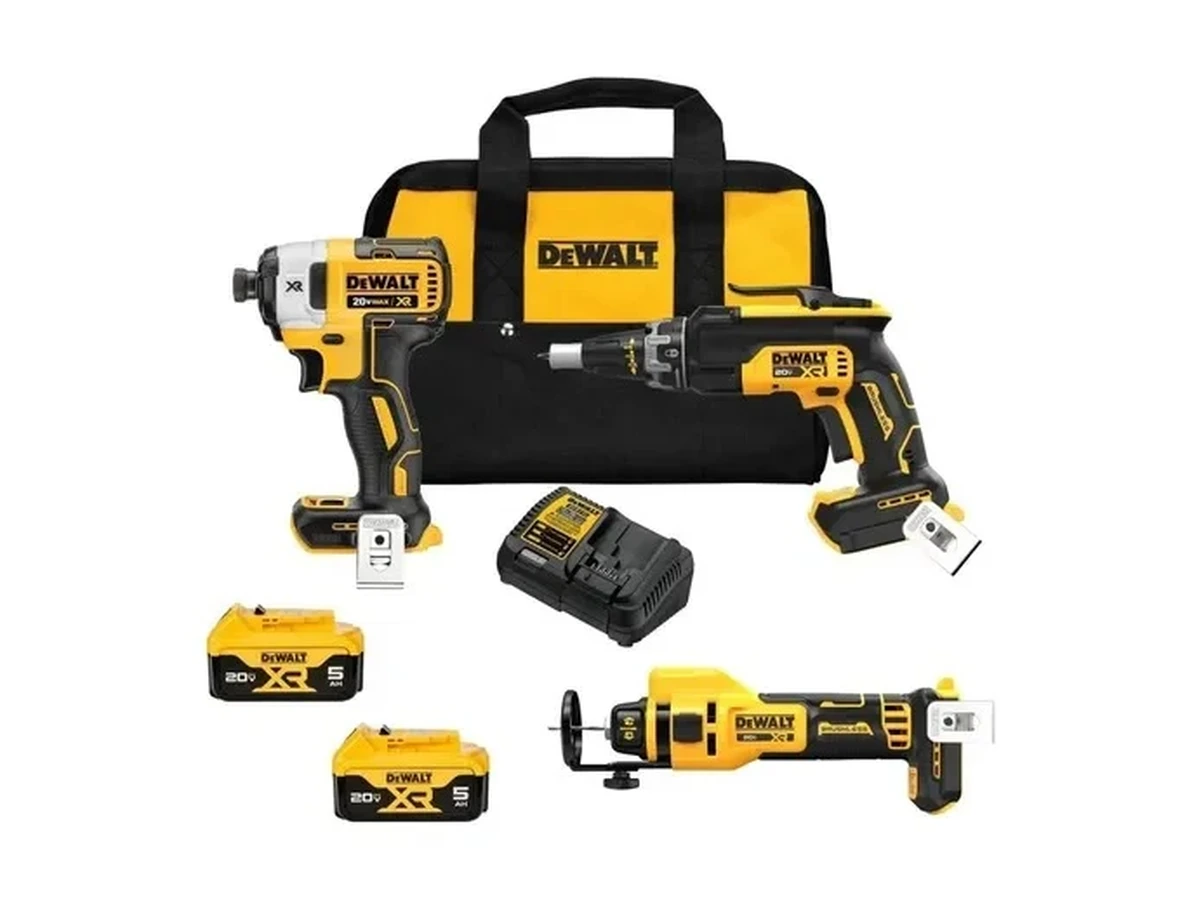 Kit DeWalt com ferramentas elétricas, baterias, carregador e bolsa