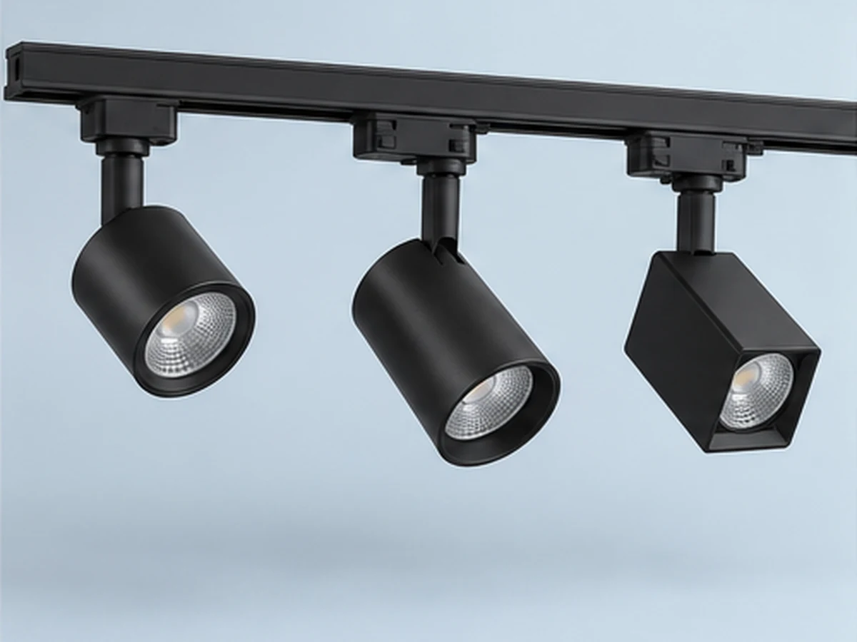 Trilho de iluminação preto com spots direcionáveis